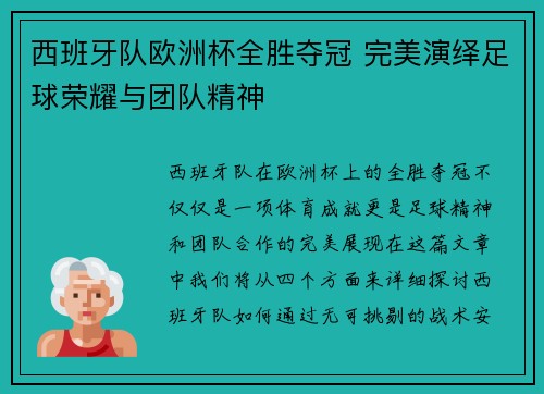 西班牙队欧洲杯全胜夺冠 完美演绎足球荣耀与团队精神