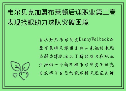 韦尔贝克加盟布莱顿后迎职业第二春表现抢眼助力球队突破困境