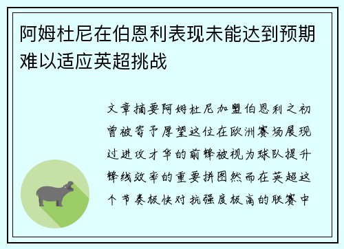 阿姆杜尼在伯恩利表现未能达到预期难以适应英超挑战 阿姆杜尼在伯恩利表现未能达到预期难以适应英超挑战
